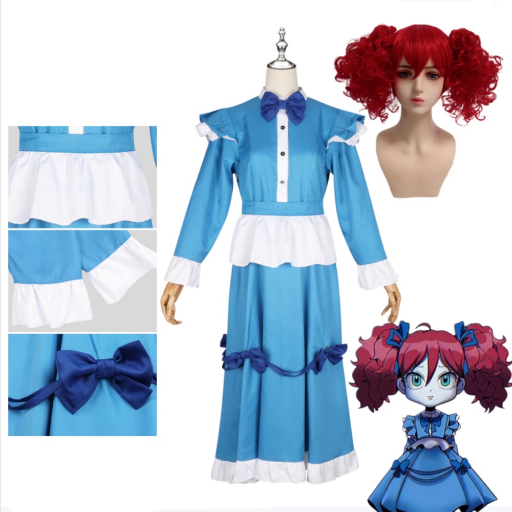 Anime Cosplay With Red Hair - ชุดคอสเพลย์ผมสีแดงป๊อปปี้ ชุดเต็มรูปแบบ ชุดเดรสสีฟ้าน่ารัก สำหรับผู้ใหญ่ ผู้หญิง ฮาโลวีน