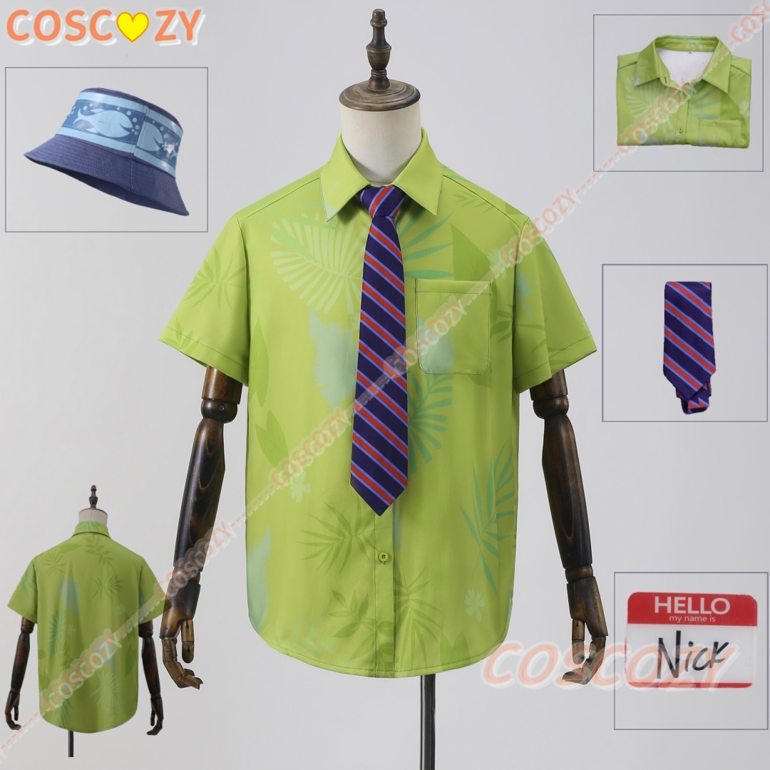 Anime Cosplay Name - ชุดคอสเพลย์นิค ไวลด์ จากการ์ตูน เสื้อพิมพ์ลายสีเขียว เนคไทสีน้ำเงิน พร้อมป้ายชื่อ