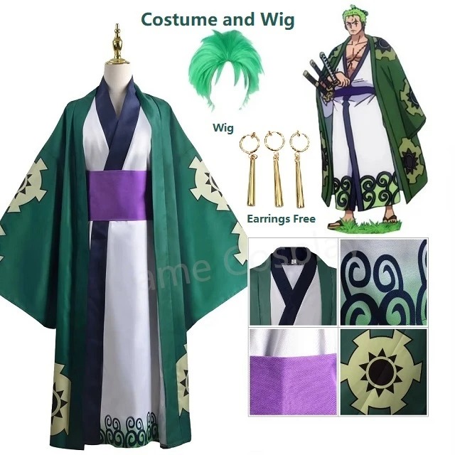 Anime Cosplay One Piece - สีเขียว Roronoa Zoro กิโมโนคอสเพลย์อะนิเมะเครื่องแต่งกายชุดสําหรับฮาโลวีนผู้ใหญ่ชุดซับวิกผม Outerwear Girdle