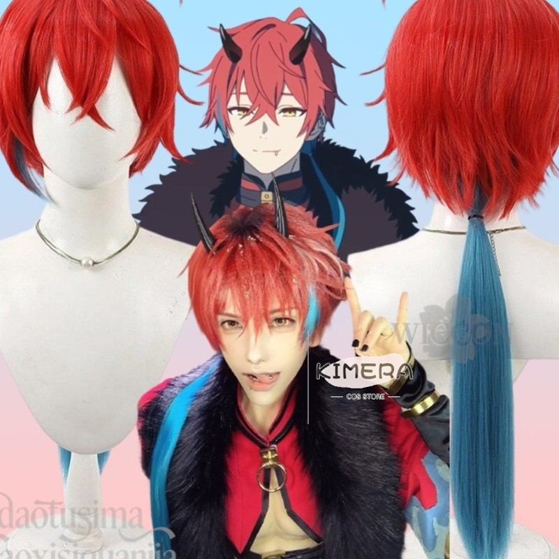 Anime Cosplay With Red Hair - ร้านคิเมร่า อนิเมะ เจ้าหญิงคากุยะ! คอสเพลย์อากิระ มิคาโดะวิกผมสั้นสีแดงสีฟ้าหางม้าต่ำแฟชั่น Y2K